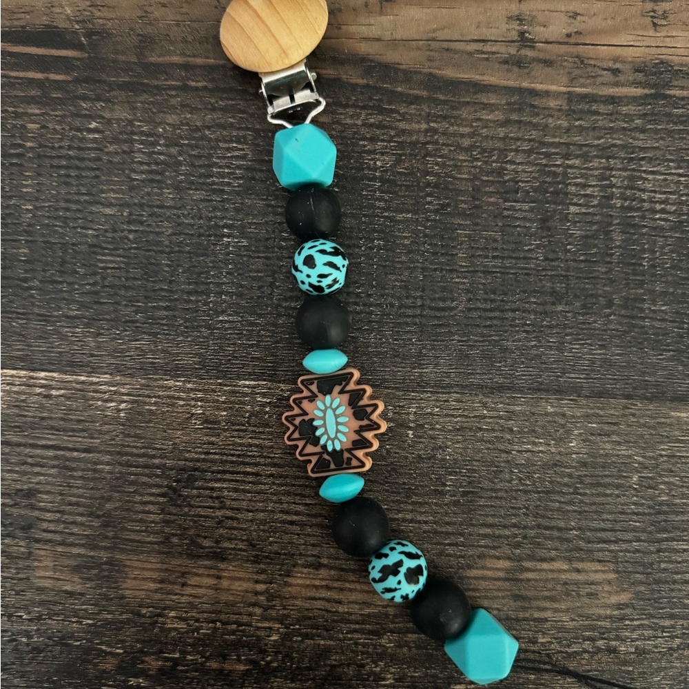 Turquoise and Black Beaded Pacifier Clip